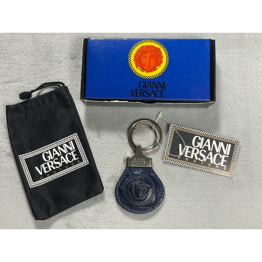Vintage Gianni Versace Medusa Keychain Unisex Blue Leather Italy